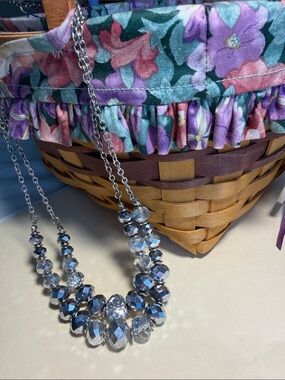 Double strand beaded necklace/ silver tone/ ab crystal beads/ 16 in length